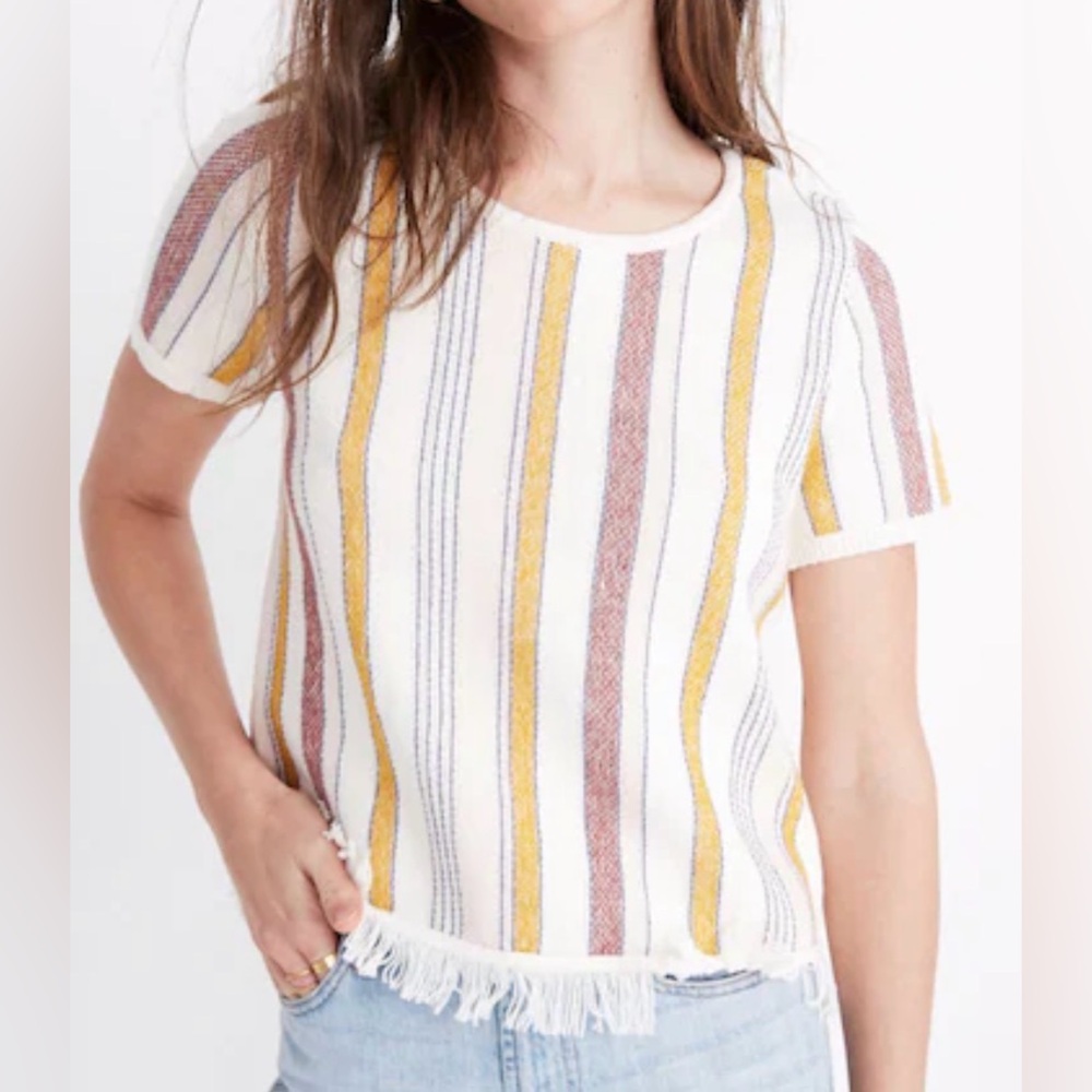 Madewell Blakley Stripe Fringe Short Sleeve Sweater Tee XS💎EUC Retail $75